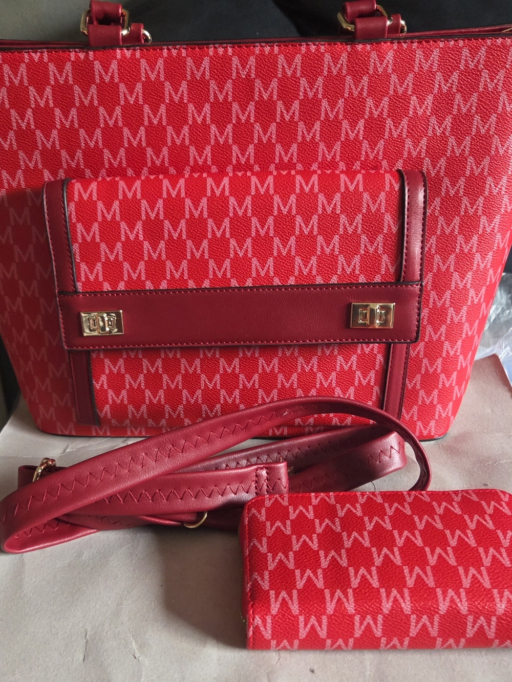 Red Monogram Tote Bag with Wallet - Women Bags